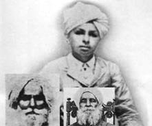 Description: In the backdrop: Bhagat Singh as a boy. From left: Arjan Singh (grandfather) and Kishan Singh (father)