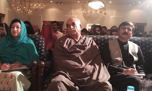 Description: Chief of Pakhtunkhwa Milli Awami Party (PKMAP), Mehmood Khan Achakzai (C)  was among those attending the coference.  — Photo by author
