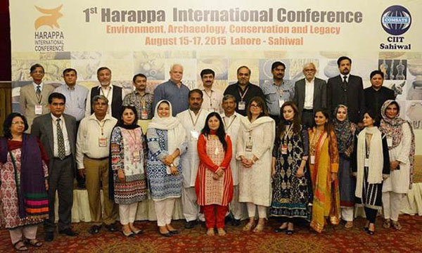 Description: Conference speakers: (Back row) - Dr Qasid Mallah (Prof. Chairman, Dept. Dept. of Archaeology, Shah Abdul Latif University, Khairpur) is second, and Dr Jonathan Mark Kenoyer (Chair, Dept. of Anthropology, University of Wisconsin, USA) is fifth from Left. (Front Row) - Dr Shahid Ahmad Rajput (Prof., Dept. of Architecture, COMSATS Institute, Islamabad.) is second from Left.