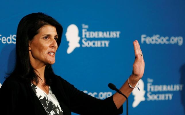 Description: Republican South Carolina Governor Nikki Haley delivers remarks at the Federalist Society 2016 National Lawyers Convention in Washington, U.S., November 18, 2016.    REUTERS/Gary Cameron