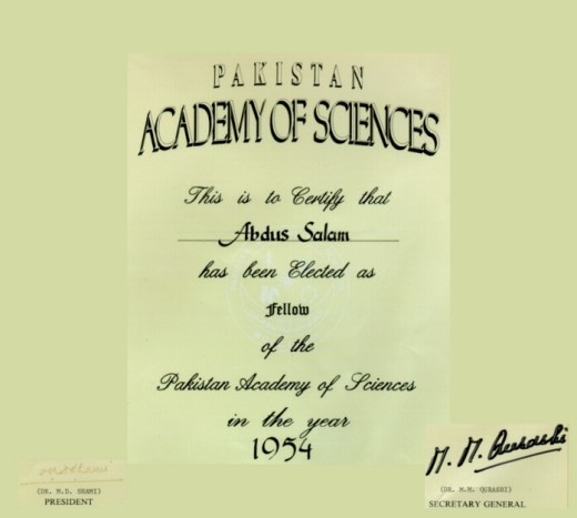 Description: Abdus Salam's certificate for induction into the PAS. —  ICTP Photo Library