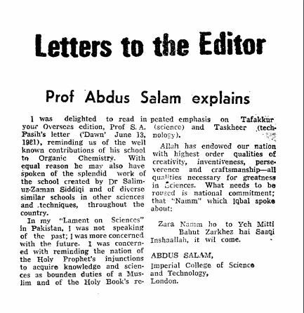 Description: Abdus Salam's letter to the editor, published in Dawn newspaper. — Dawn Archives