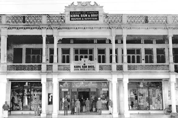 Description: F C Kohli's father Gobindram Kohli's shop Kriparam Drapers in Peshawar Cantonment  — circa 1930.