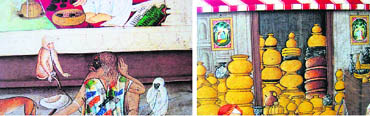 Details from the painting above (a utensil maker’s shop in the bazaar). Patiala, mid-19th century