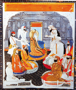 Maharaja Ranjit Singh issuing instructions; opaque water colour on paper, Pahari-Sikh; c. 1830 