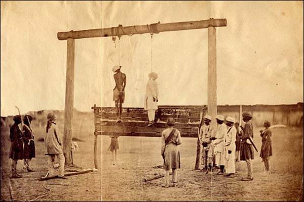 Description: A Muslim and a Hindu rebel hanged by the British after the Mutiny was crushed.
