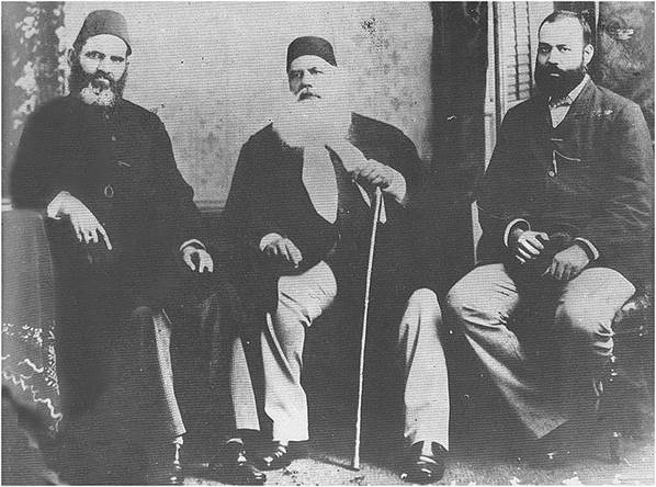 Description: Sir Syed with the first Muslim high court judge (left) and his son right).